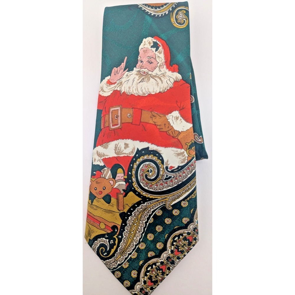 Golden Crown Hand made Santa  Green Paisley Holiday Neck Tie Christmas Tie